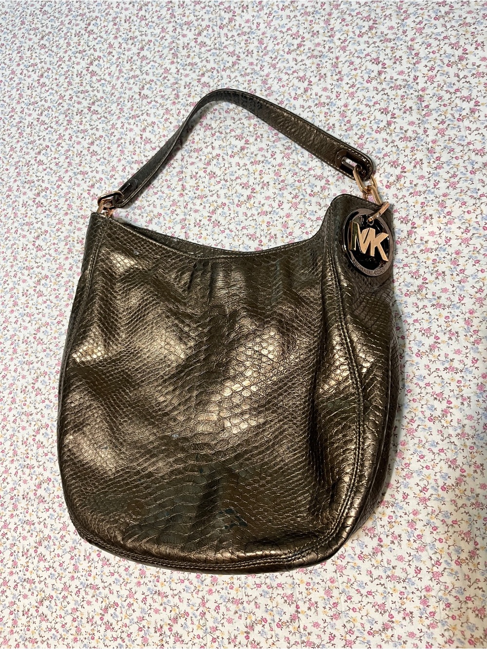 Michael Kors Bronze Metallic Snakeskin-Effect Shoulder Hobo